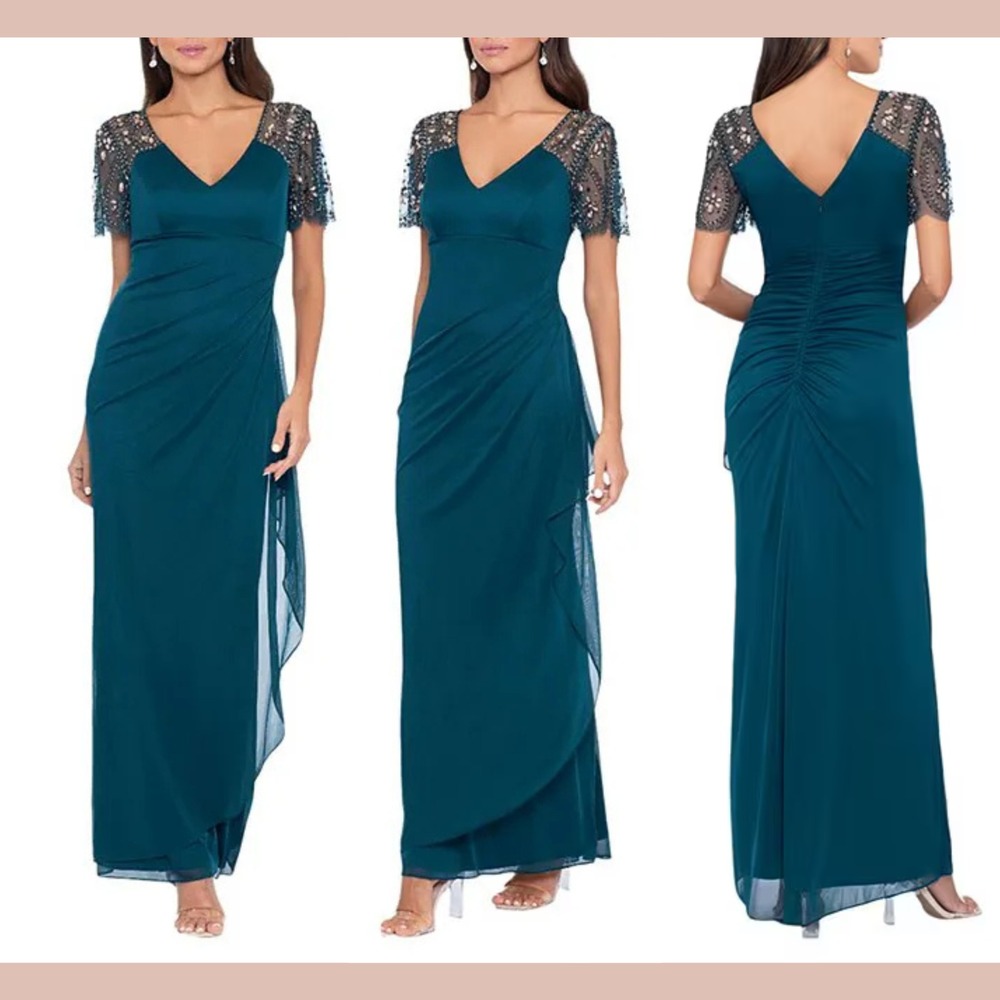 NWT $228 Xscape [ 12 ] LANA V Neck Beaded Flutter Sleeve Mesh Gown‎ teal #S2086
